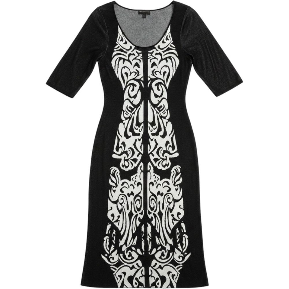 Connected Apparel Sheath Dress Womens L Black White Damask Knit Midi Excellent